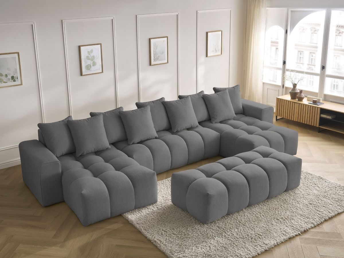 Canapé d'angle fixe EVEREST tissu chiné - Orange - Angle droit - 10 coussins