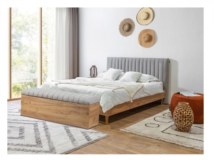 Lit coffre ELEONORE tissu texturé avec tablettes chevets