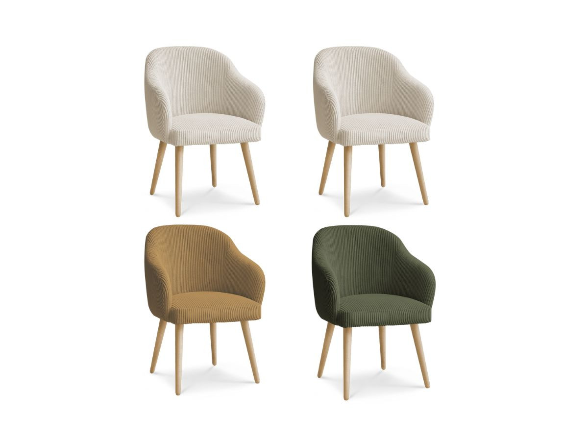 Set SOPHIE stoelen in corduroy stof en Scandinavische houten poten