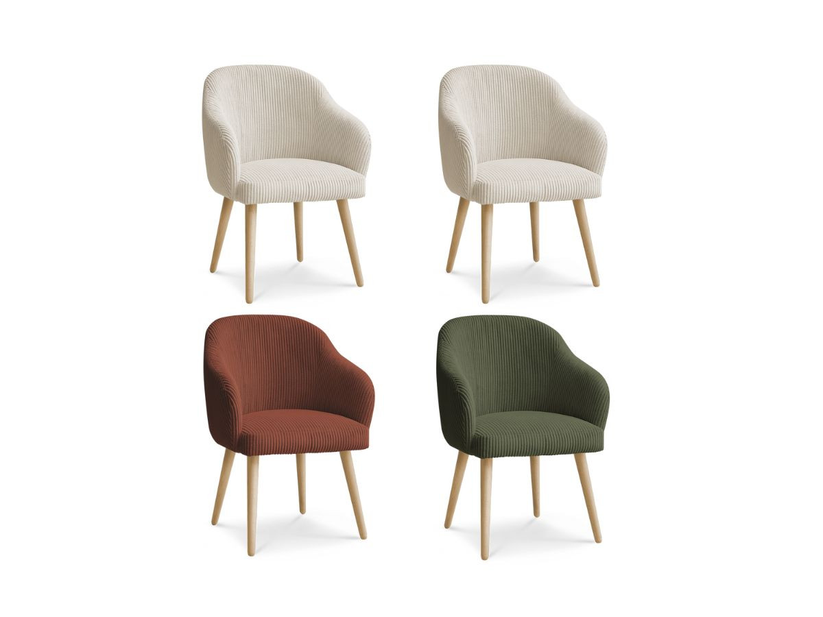 Set SOPHIE stoelen in corduroy stof en Scandinavische houten poten