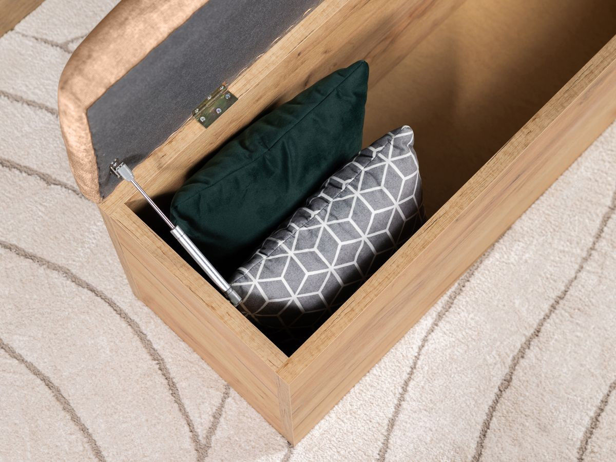 Lit KUMO tissu lisse lattes massives pieds en bois naturel + Bout de lit KUMO tissu lisse