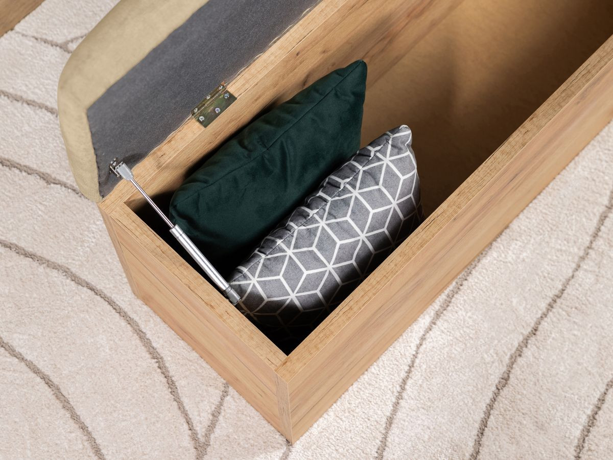 Lit KUMO tissu lisse lattes massives pieds en bois naturel + Bout de lit KUMO tissu lisse