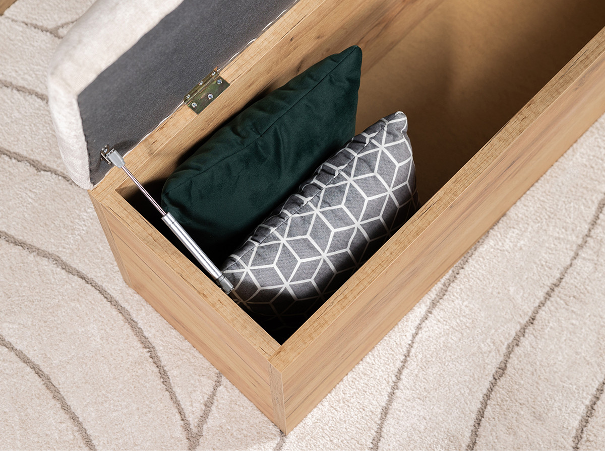 Lit KUMO tissu lisse lattes massives pieds en bois naturel + Bout de lit KUMO tissu lisse