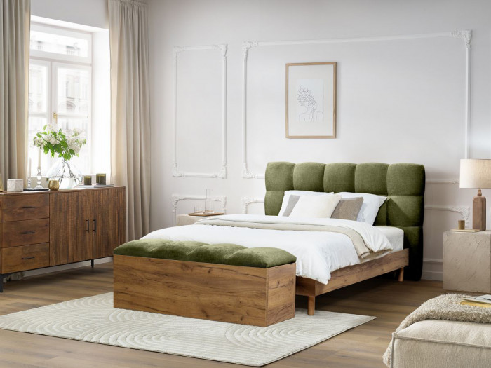 Lit KUMO tissu lisse lattes massives pieds en bois naturel + Bout de lit KUMO tissu lisse