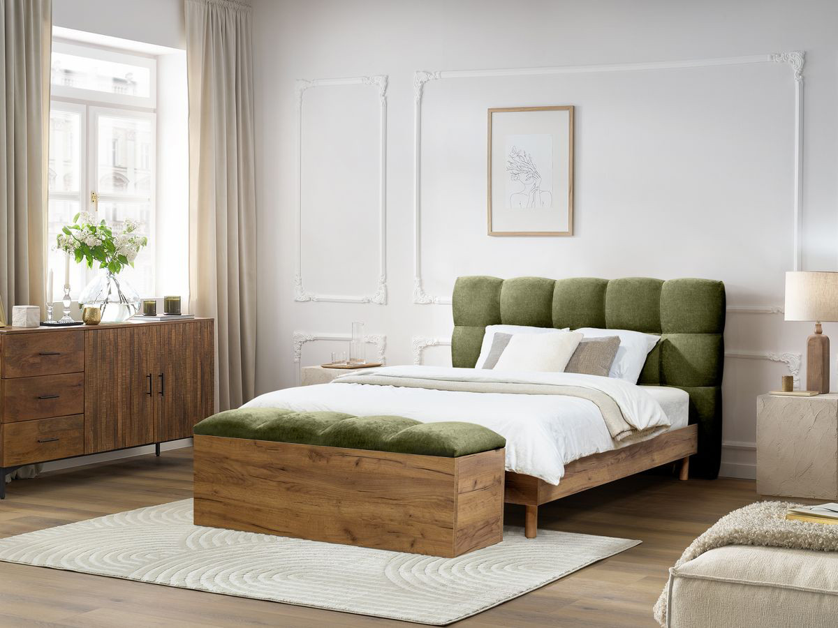 Lit KUMO lisse lattes massives pieds en bois naturel + Bout de lit KUMO lisse vert