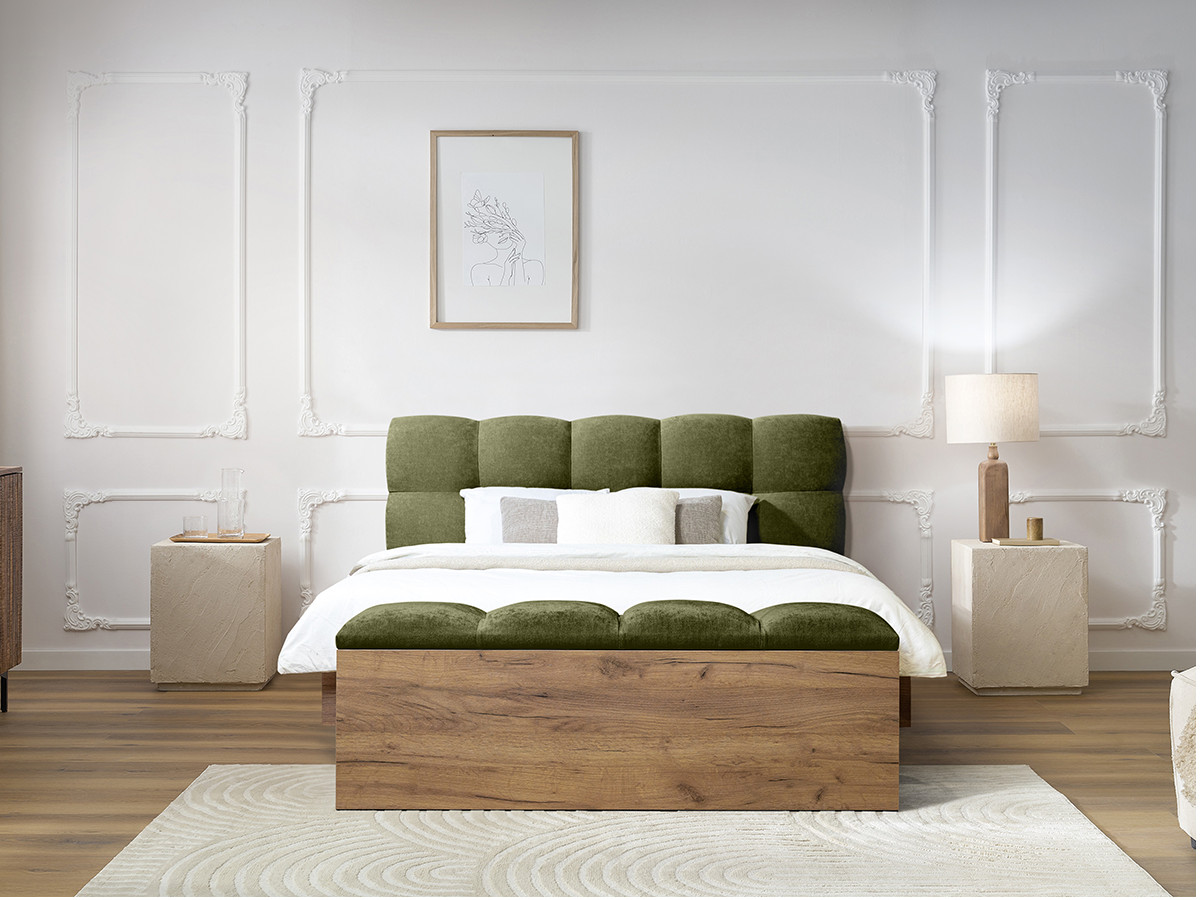 KUMO bed met massieve lattenbodem en poten van natuurlijk hout + KUMO bedeinde