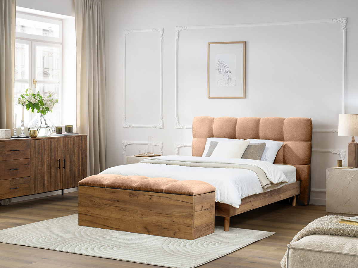 Lit KUMO tissu lisse lattes massives pieds en bois naturel + Bout de lit KUMO tissu lisse