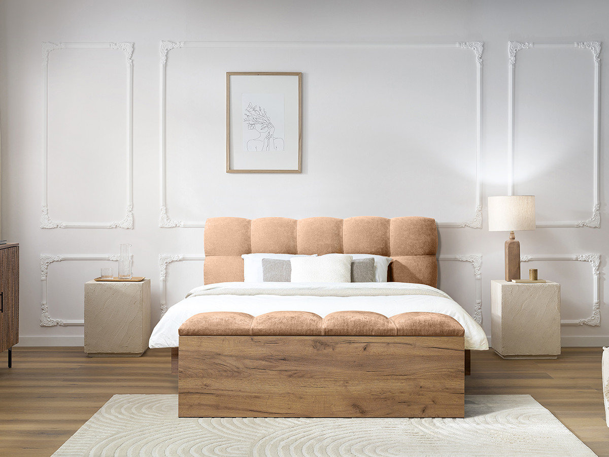 KUMO bed met massieve lattenbodem en poten van natuurlijk hout + KUMO bedeinde