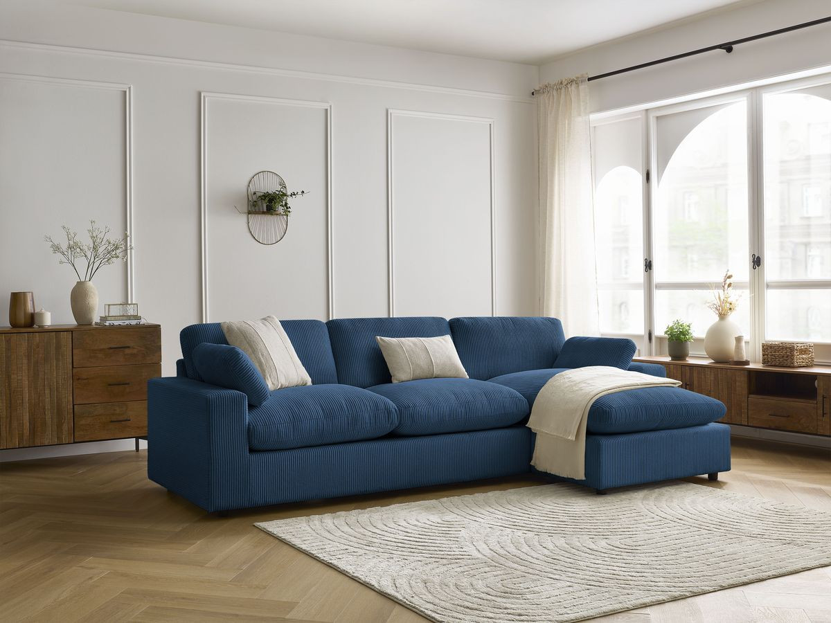 Canapé d'angle réversible BELAIR velours côtelé bleu foncé