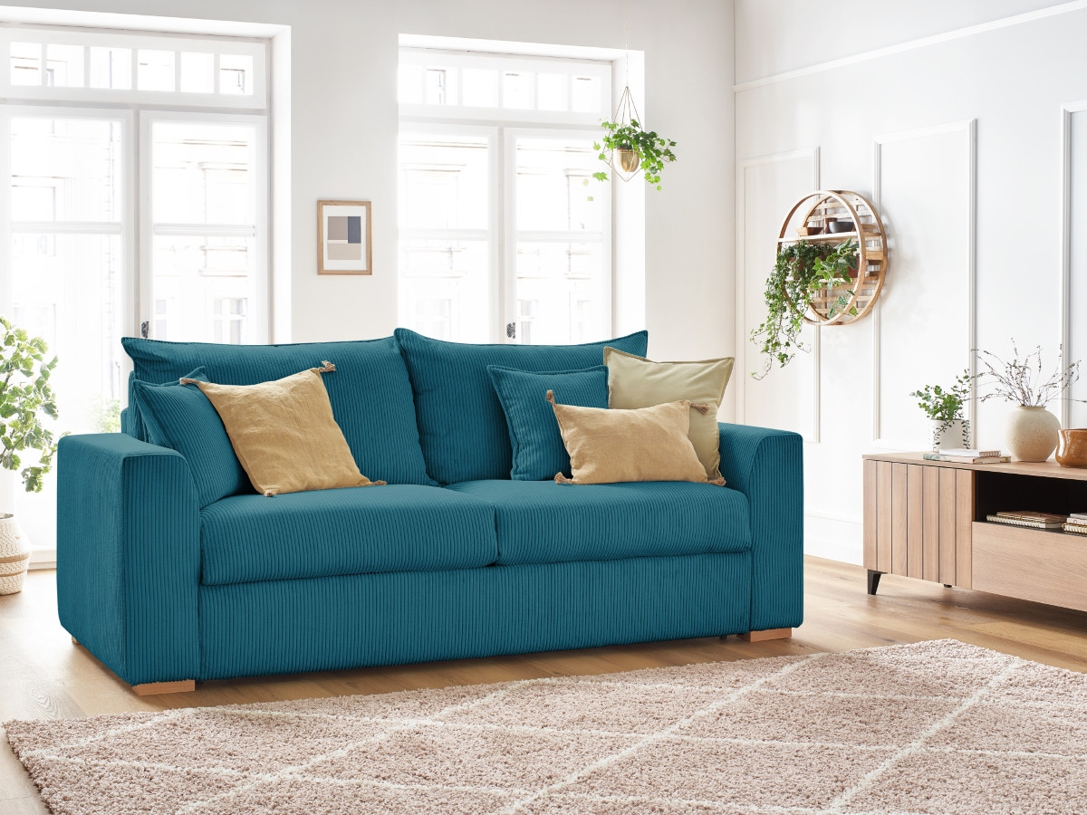 Canapé droit convertible AUGUSTIN velours côtelé bleu clair