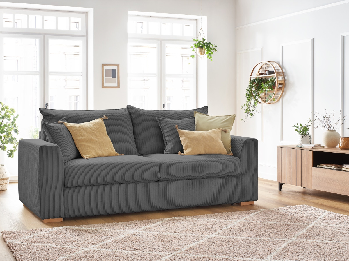Canapé droit convertible AUGUSTIN velours côtelé gris foncé