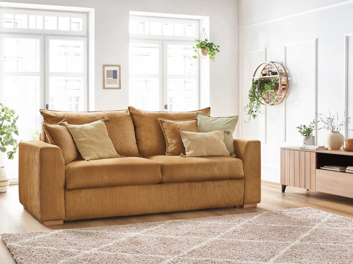 Canapé droit convertible AUGUSTIN velours côtelé jaune