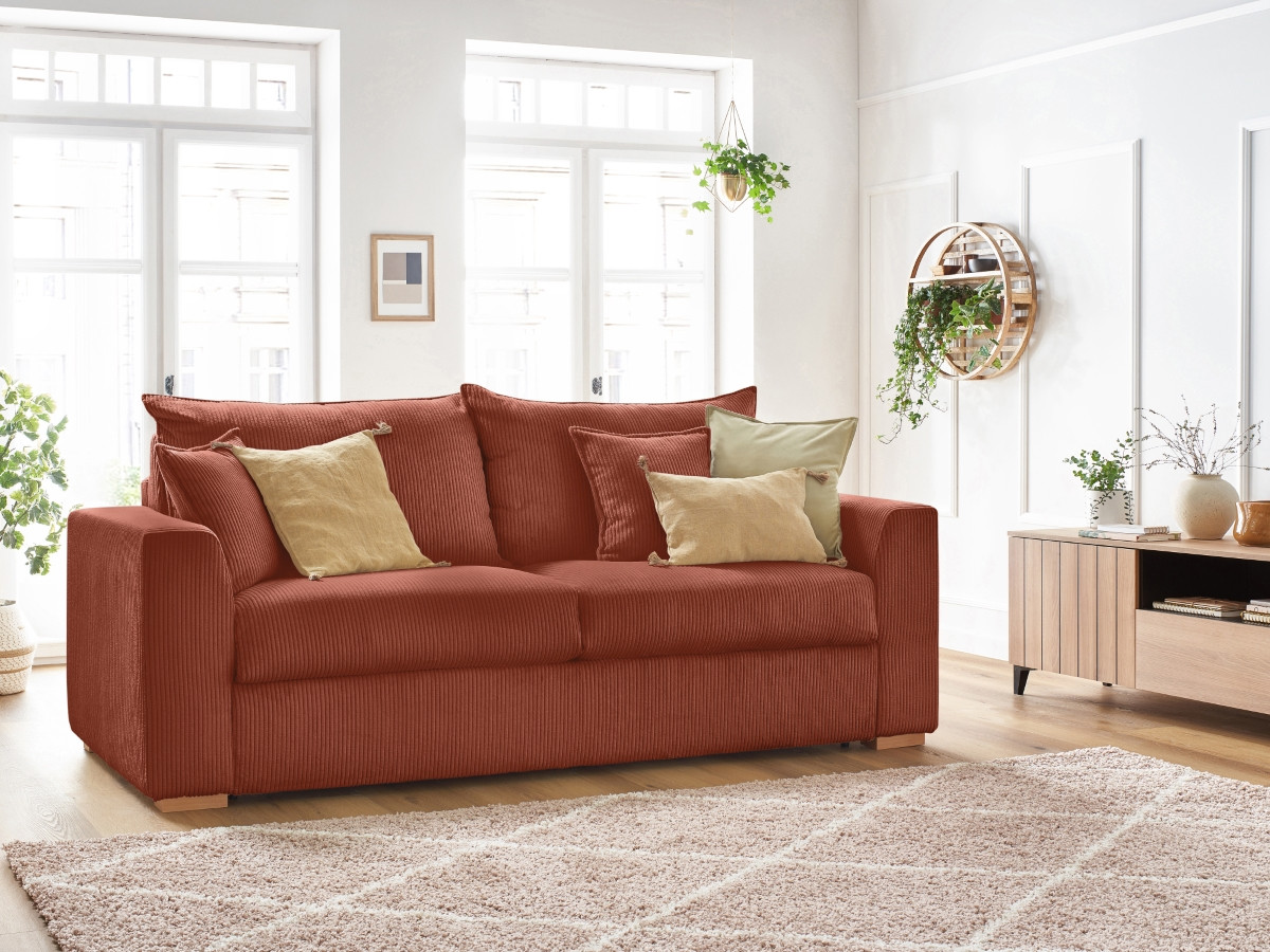 Canapé droit convertible AUGUSTIN velours côtelé orange