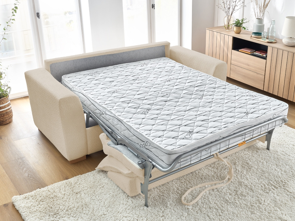 Canapé droit convertible ouverture express AUGUSTIN tissu bouclette