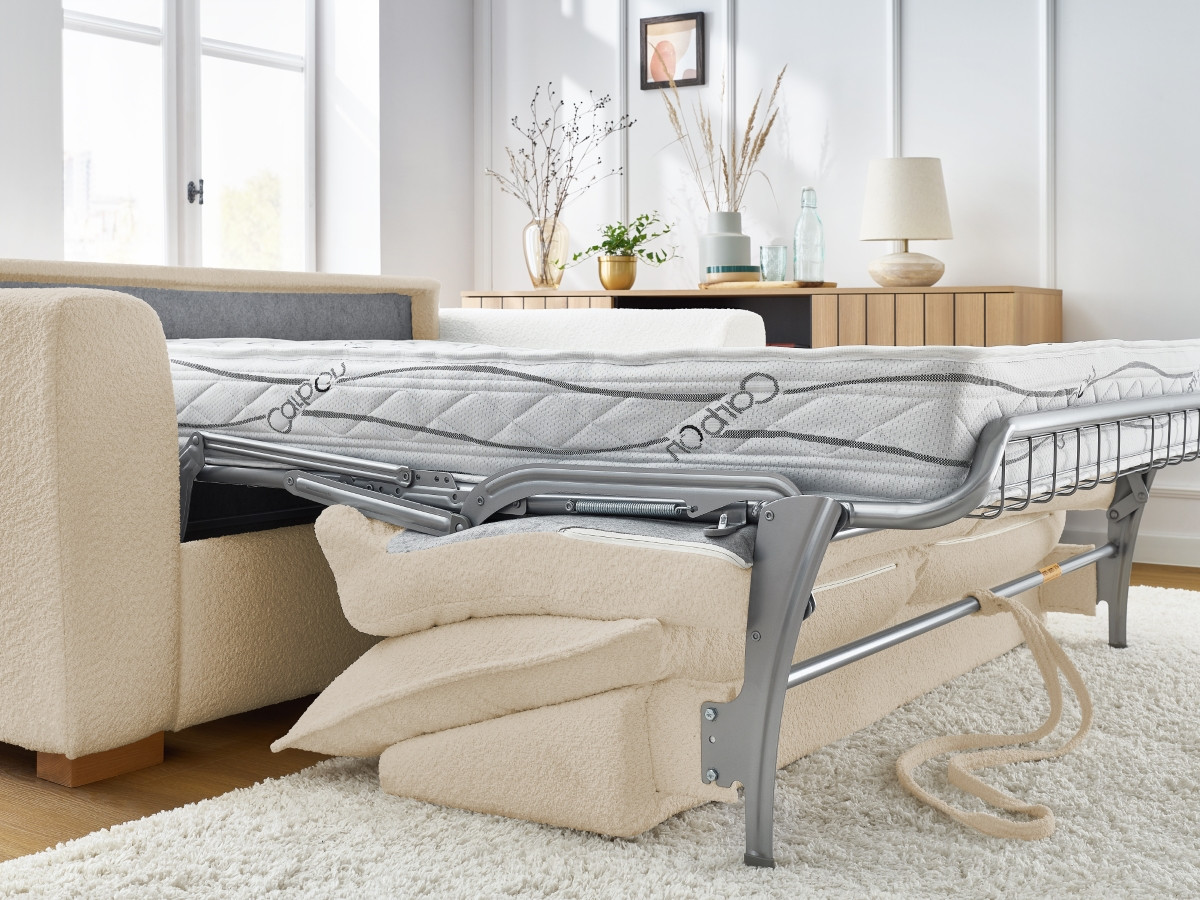 Canapé droit convertible ouverture express AUGUSTIN tissu bouclette