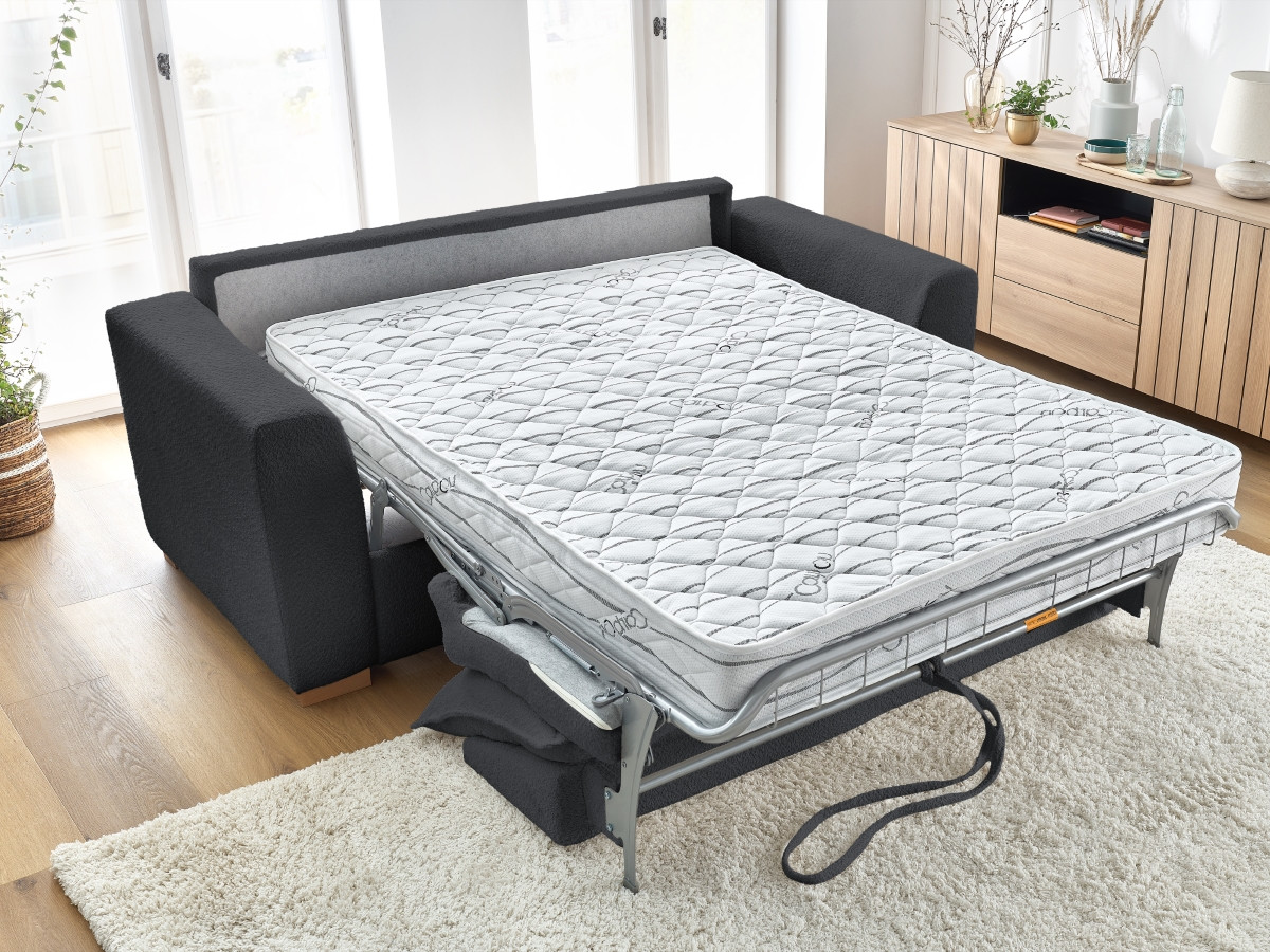 Canapé droit convertible ouverture express AUGUSTIN tissu bouclette