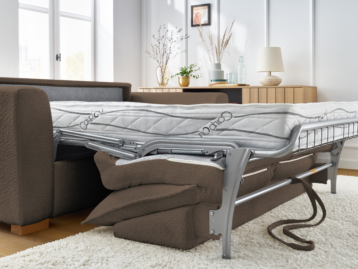 Canapé droit convertible ouverture express AUGUSTIN tissu bouclette