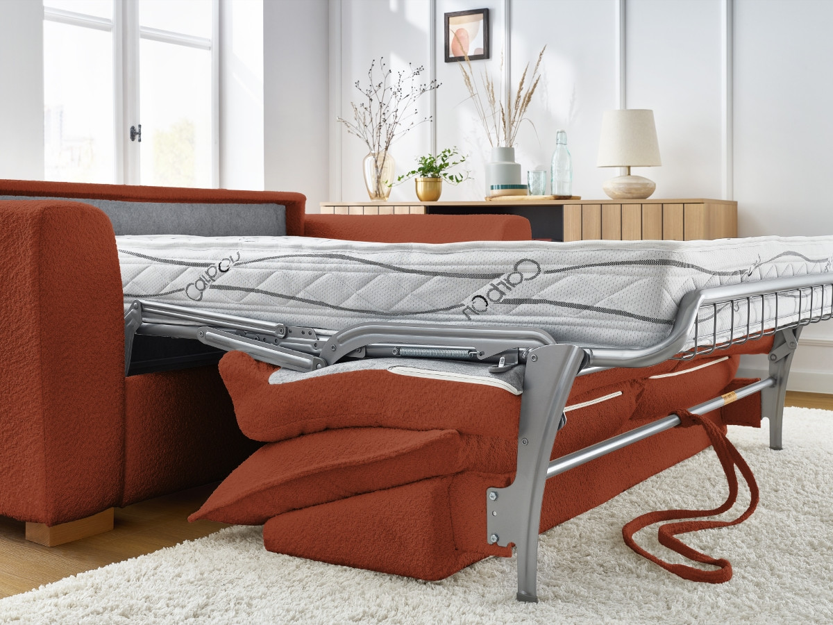 Canapé d'angle fixe EVEREST tissu chiné - Orange - Angle droit - 10 coussins