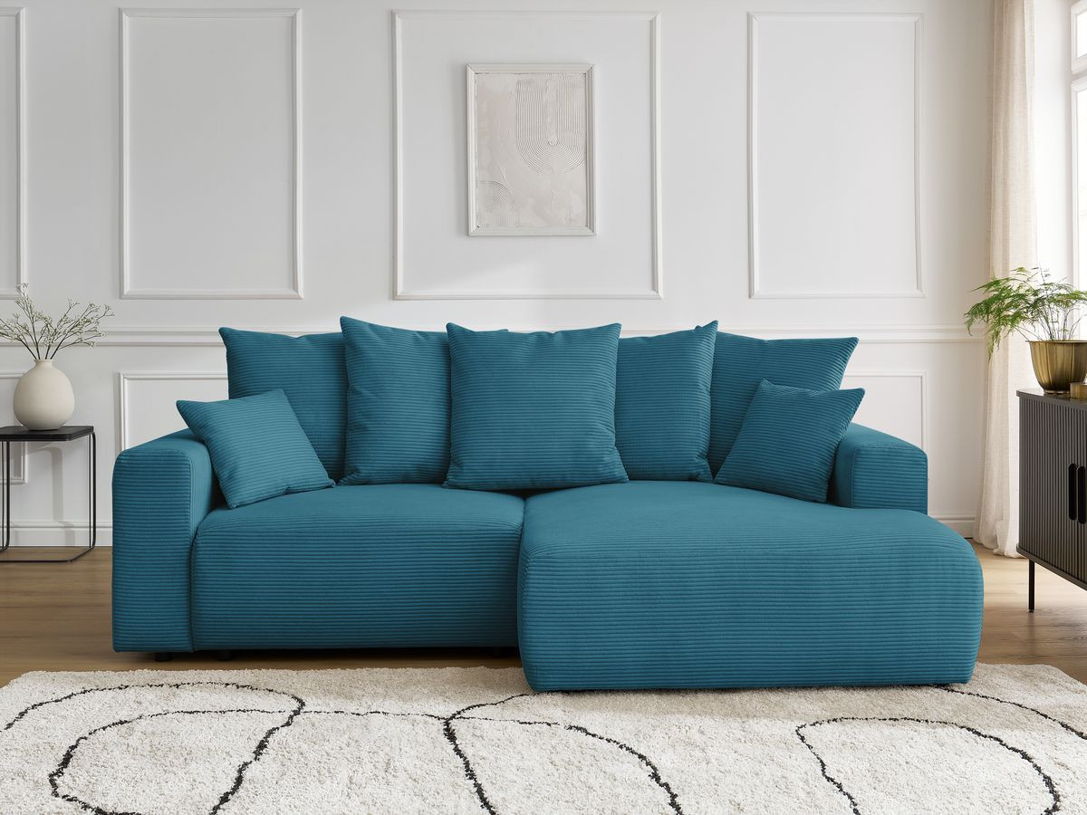 Canapé d'angle convertible coffre ATILLA velours côtelé bleu clair — vue 5