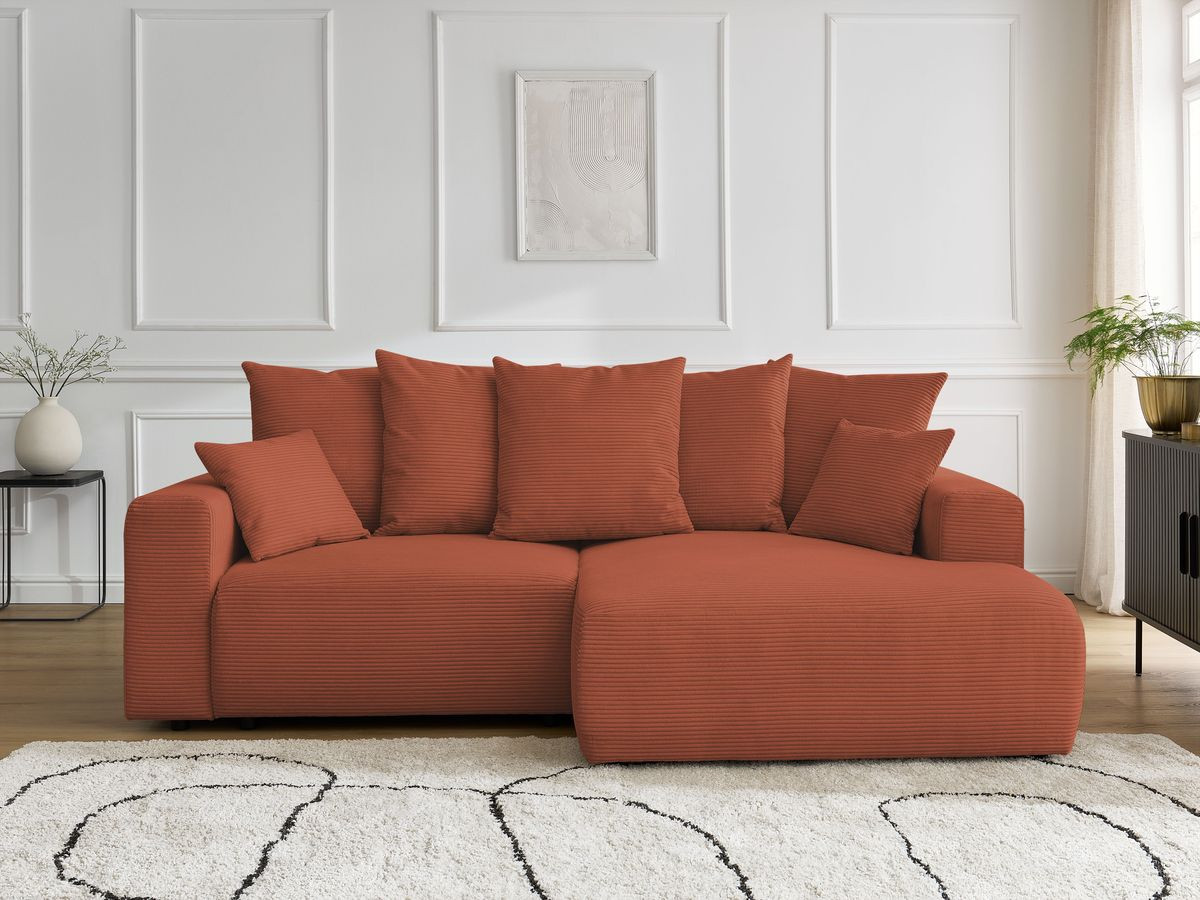 Canapé d'angle convertible coffre ATILLA velours côtelé orange — vue 5