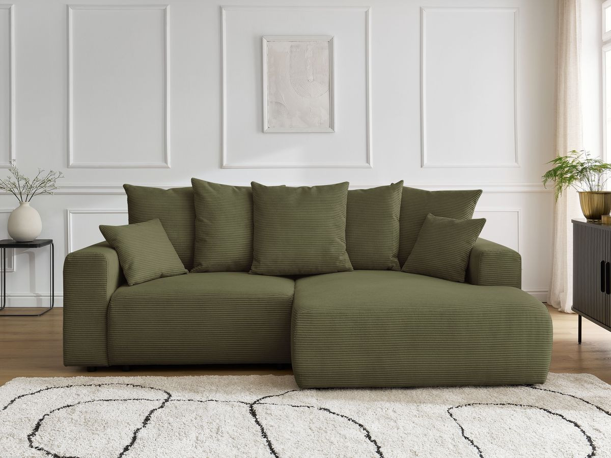 Canapé d'angle convertible coffre ATILLA velours côtelé vert clair — vue 5