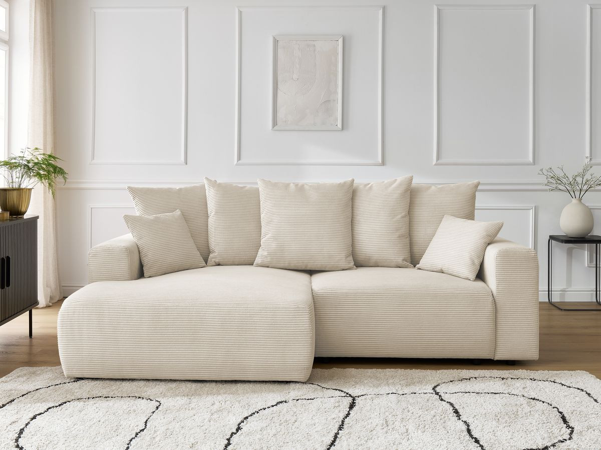 Canapé d'angle convertible coffre ATILLA velours côtelé beige — vue 5