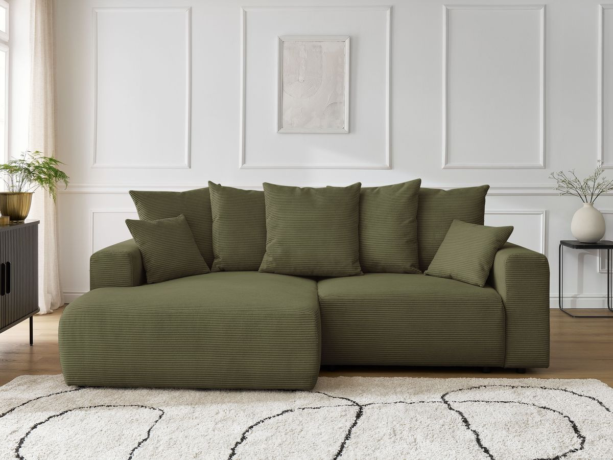 Canapé d'angle convertible coffre ATILLA velours côtelé vert clair angle gauche BOBOCHIC 3 places - Vue supplémentaire 3