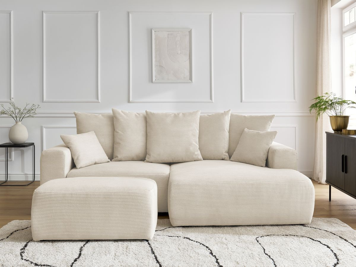Canapé d'angle convertible coffre ATILLA velours côtelé avec pouf beige angle droit BOBOCHIC 4 places - Vue supplémentaire 3