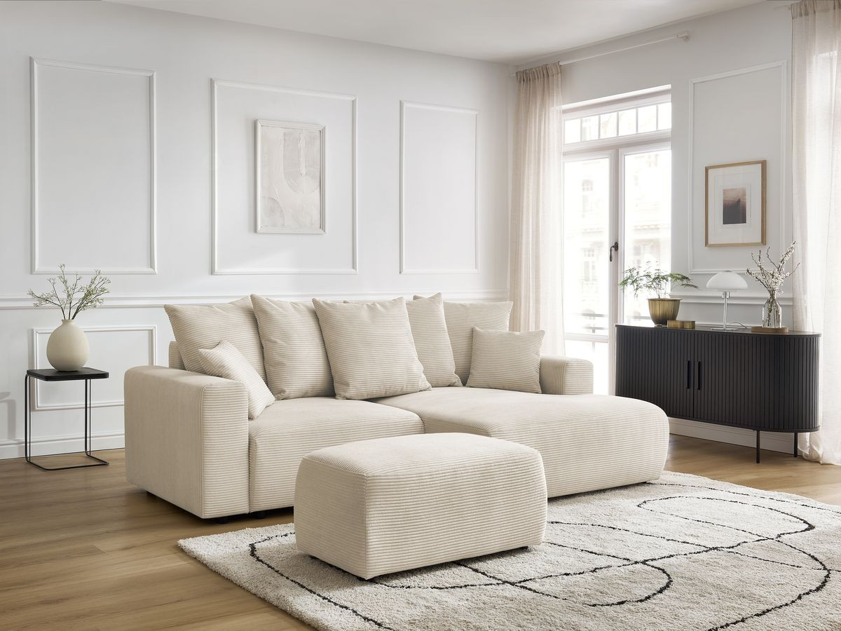 Canapé d'angle convertible coffre ATILLA velours côtelé avec pouf