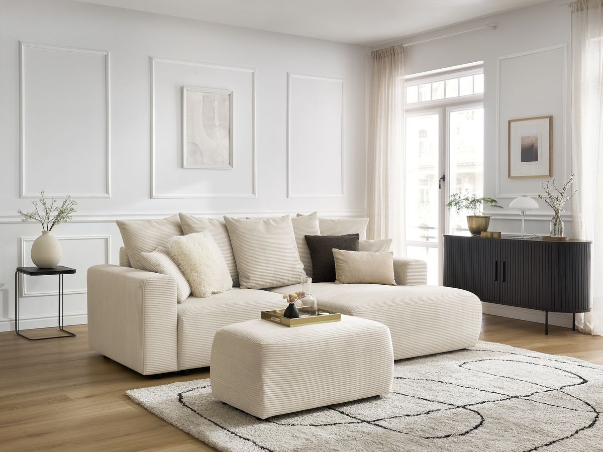 Canapé d'angle convertible coffre ATILLA velours côtelé avec pouf