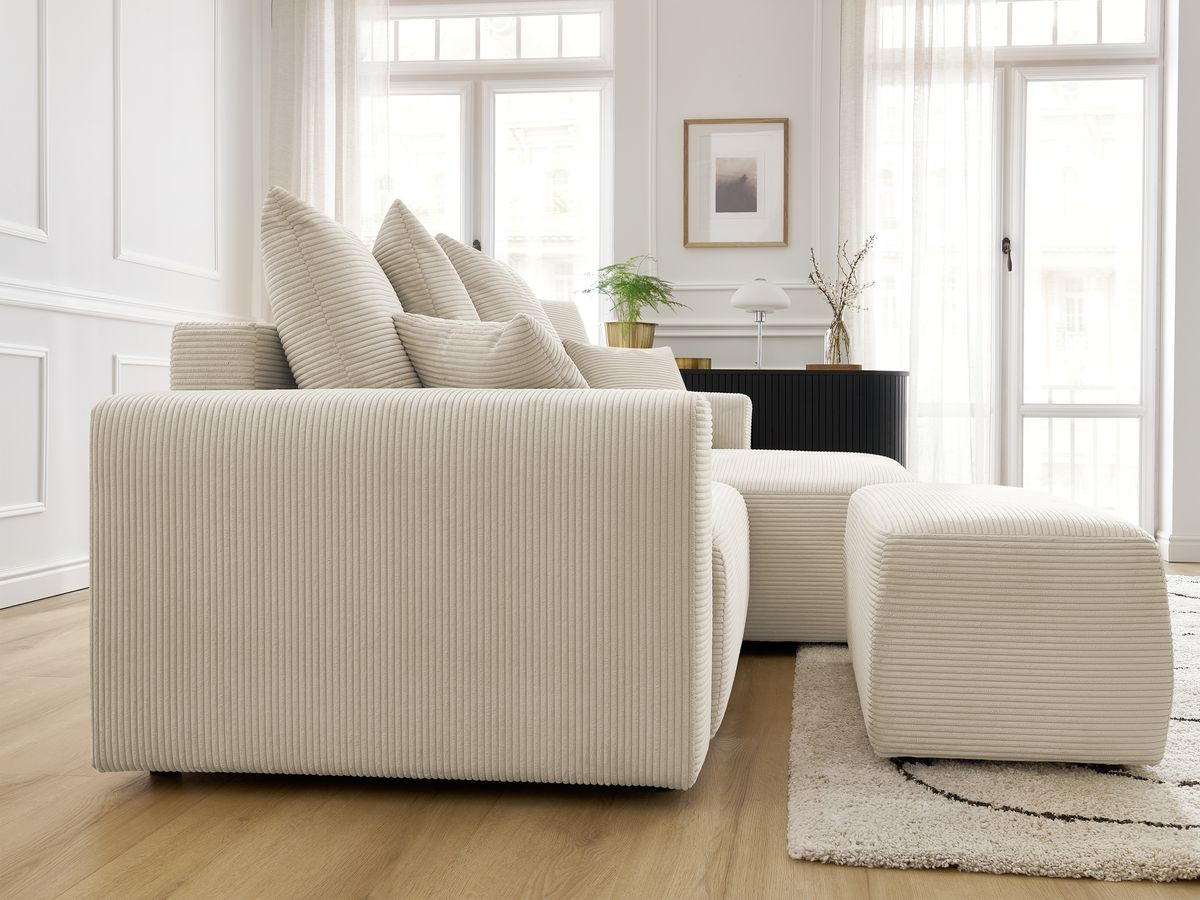 Canapé d'angle convertible coffre ATILLA velours côtelé avec pouf