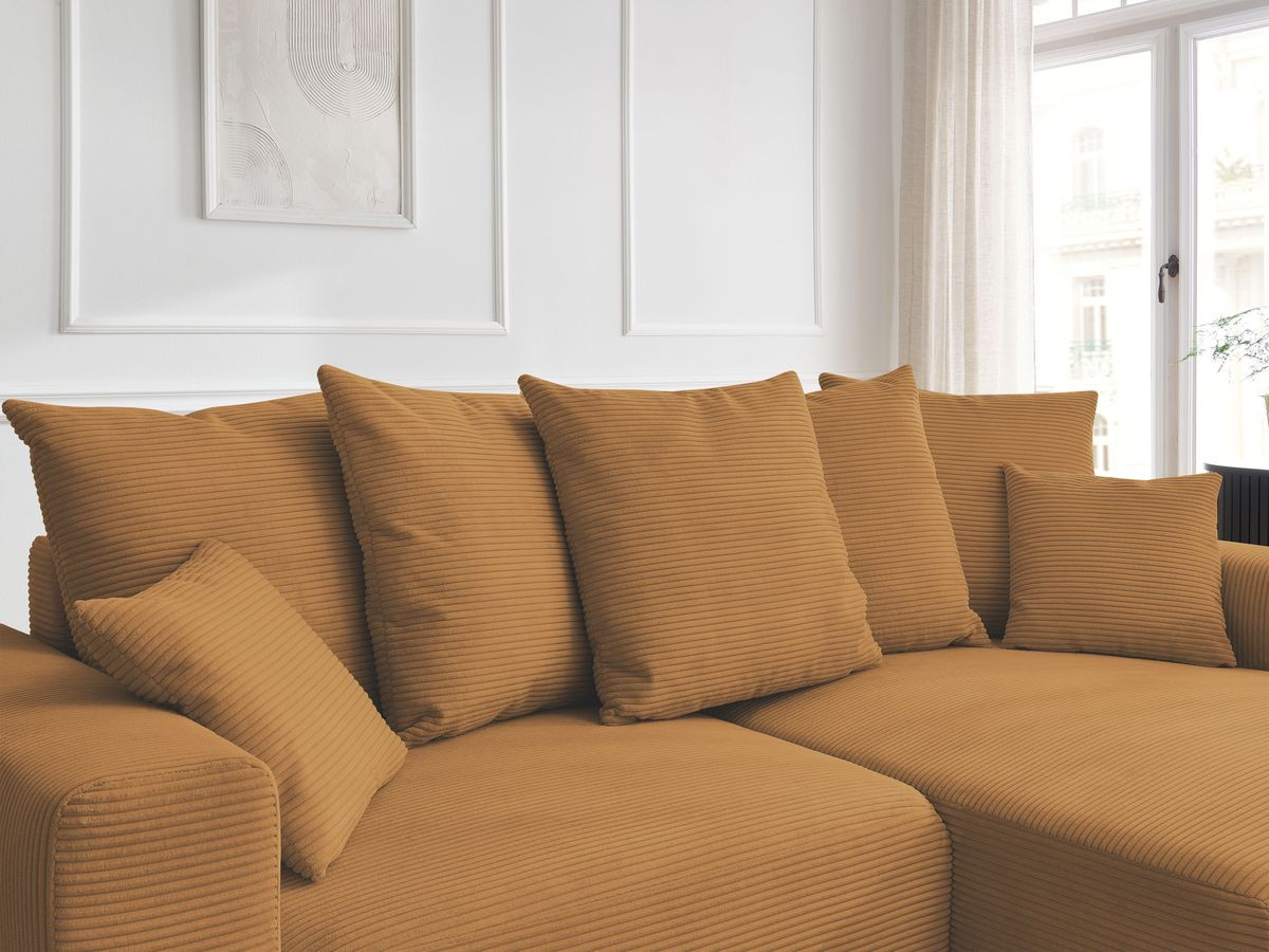 Canapé d'angle convertible coffre ATILLA velours côtelé avec pouf