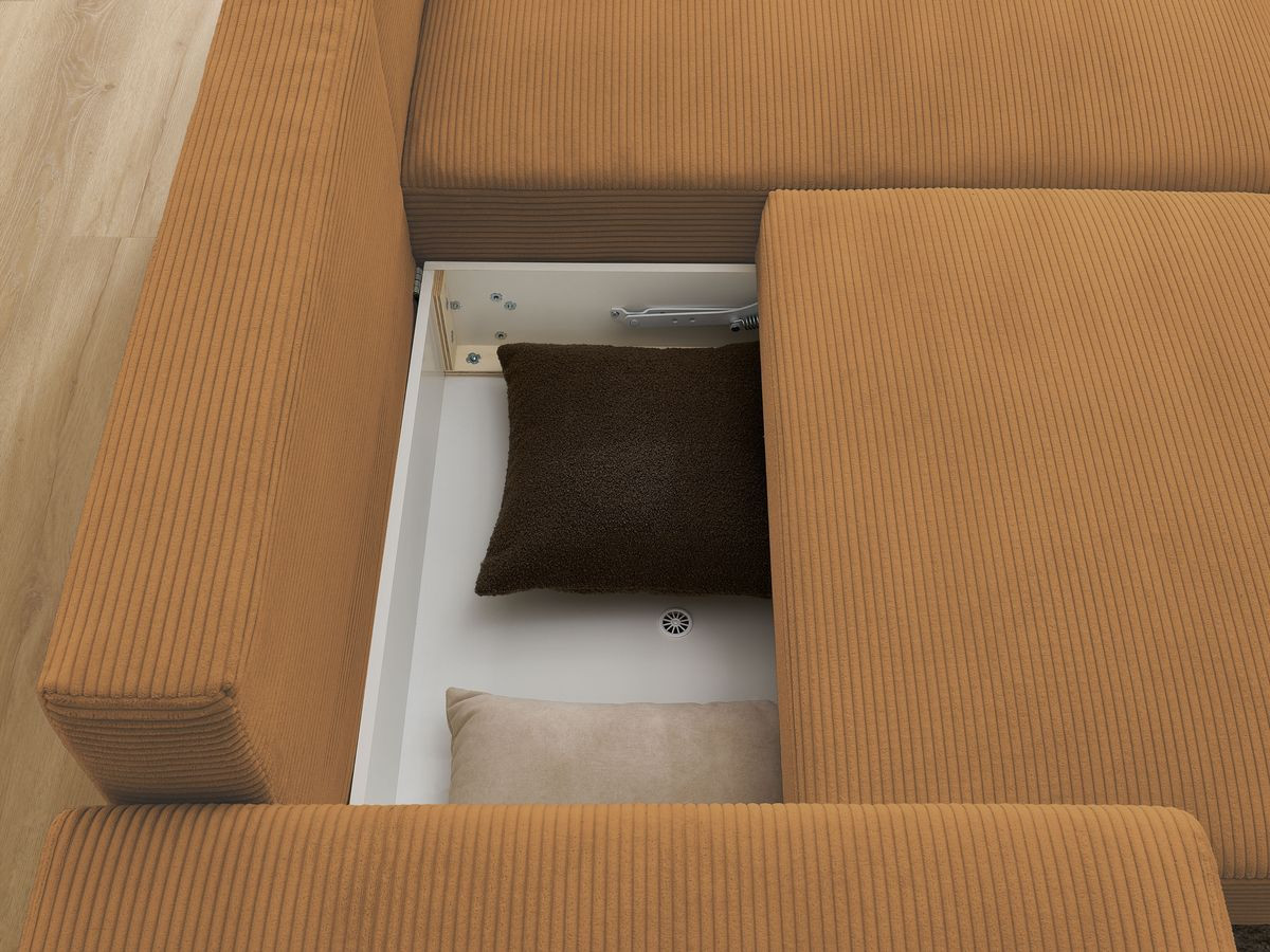 Canapé d'angle convertible coffre ATILLA velours côtelé avec pouf