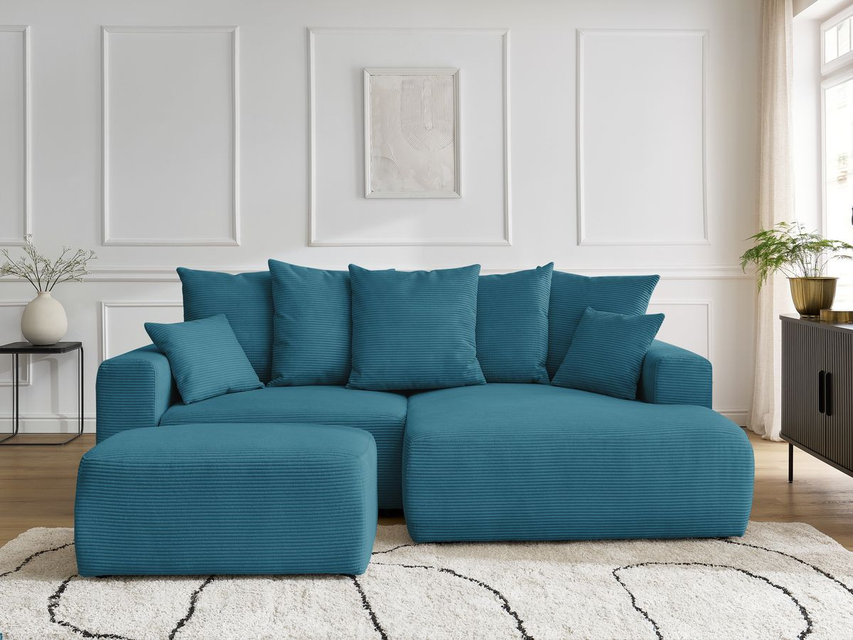 Canapé d'angle convertible coffre ATILLA velours côtelé avec pouf bleu clair — vue 5