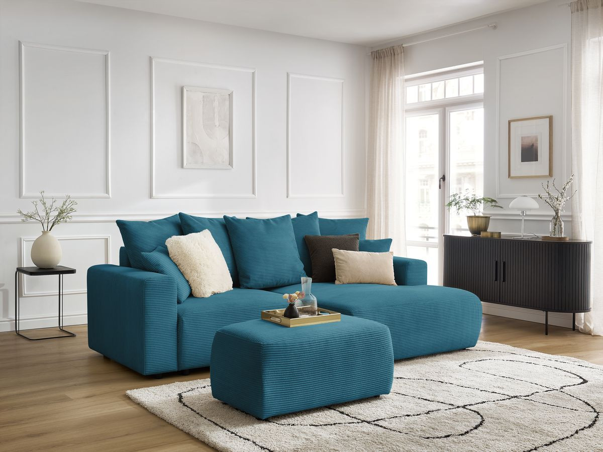 Canapé d'angle convertible coffre ATILLA velours côtelé avec pouf