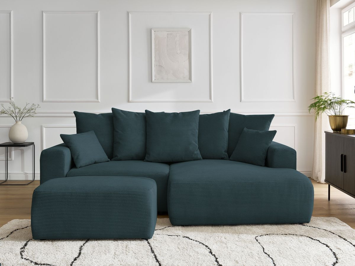 Canapé d'angle convertible coffre ATILLA velours côtelé avec pouf bleu foncé — vue 5