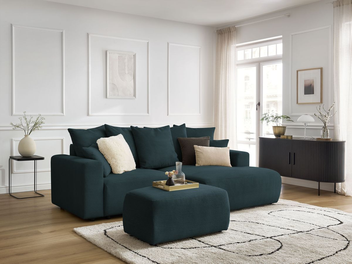 Canapé d'angle convertible coffre ATILLA velours côtelé avec pouf