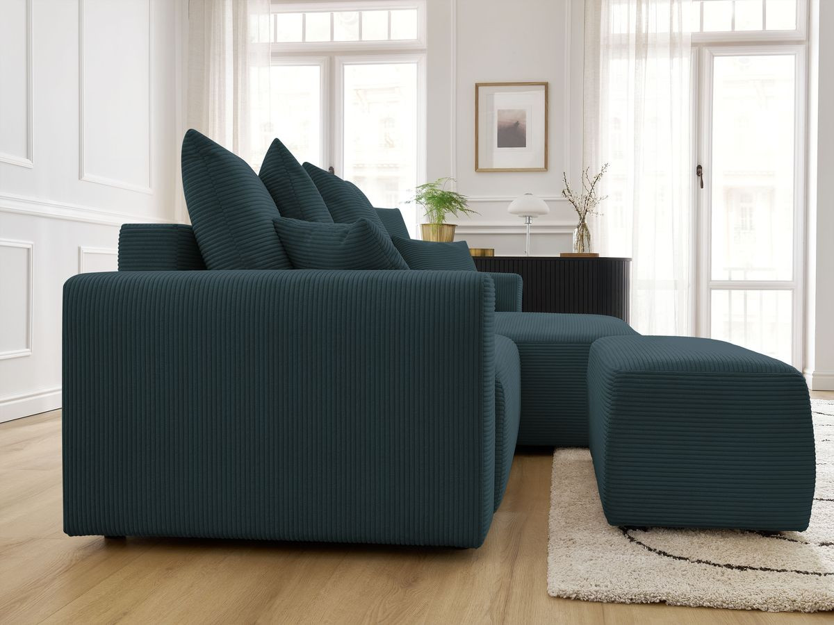 Canapé d'angle convertible coffre ATILLA velours côtelé avec pouf