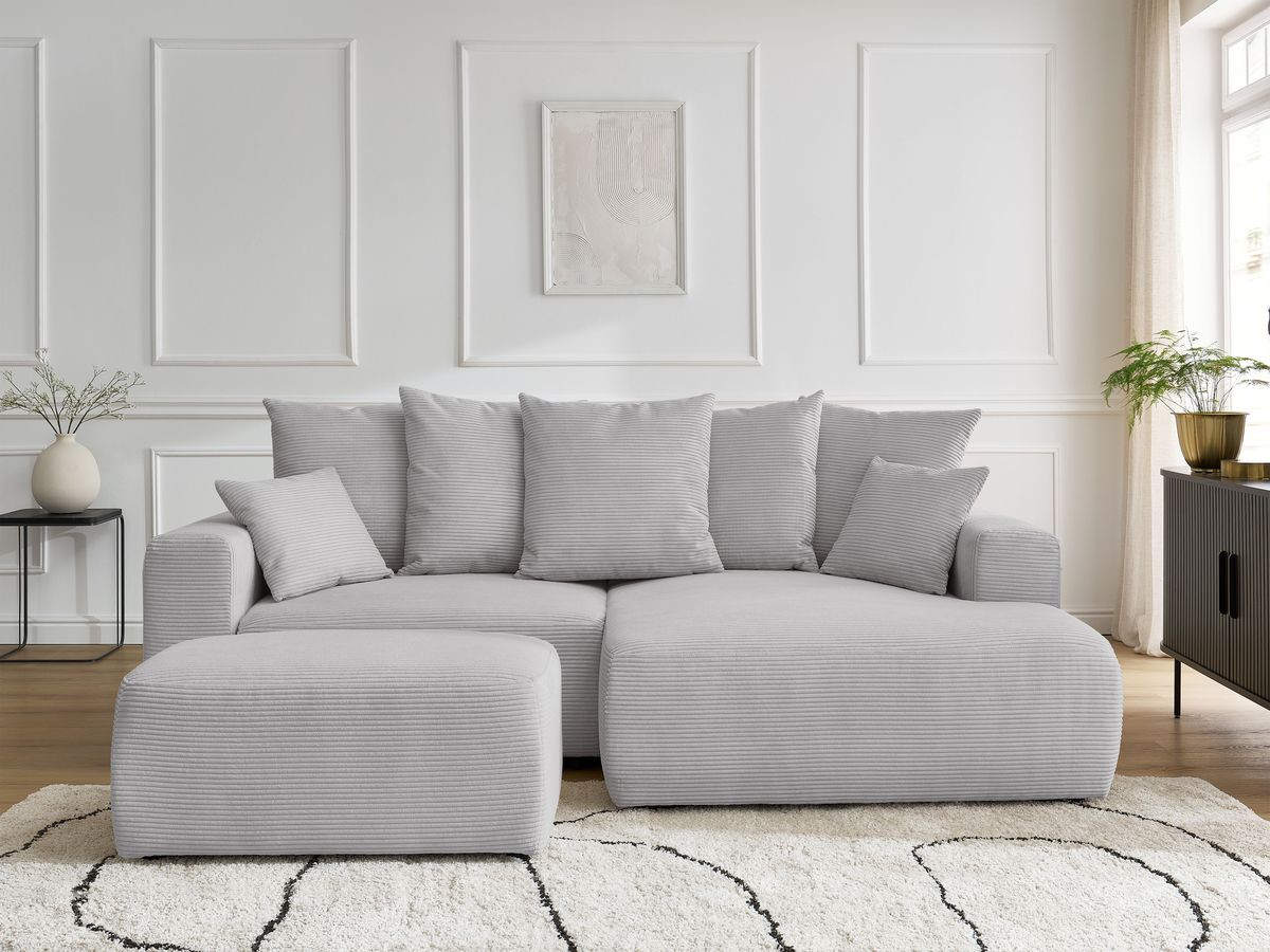 Canapé d'angle convertible coffre ATILLA velours côtelé avec pouf gris clair — vue 5