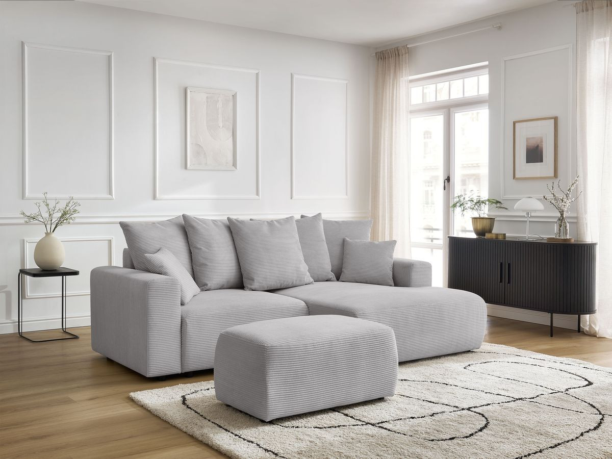 Canapé d'angle convertible coffre ATILLA velours côtelé avec pouf