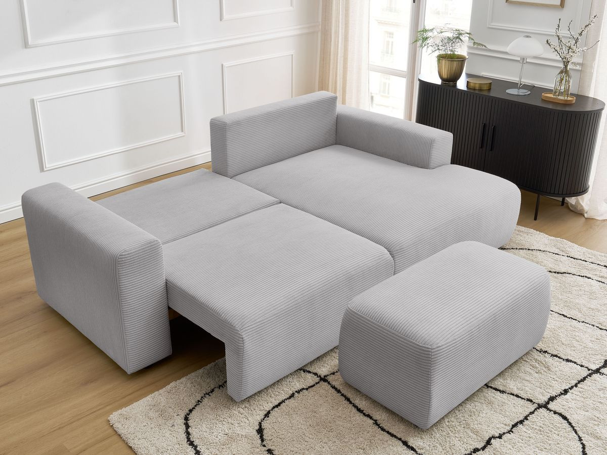 Canapé d'angle convertible coffre ATILLA velours côtelé avec pouf