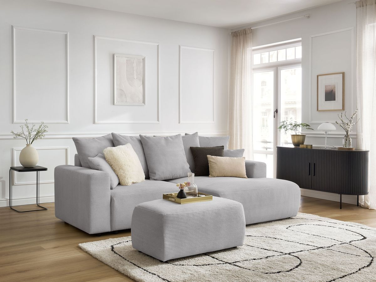 Canapé d'angle convertible coffre ATILLA velours côtelé avec pouf