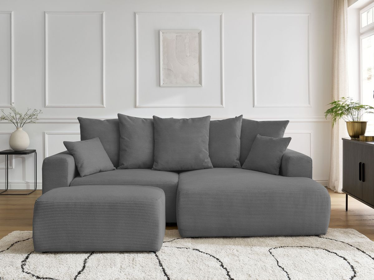 Canapé d'angle convertible coffre ATILLA velours côtelé avec pouf gris foncé — vue 5