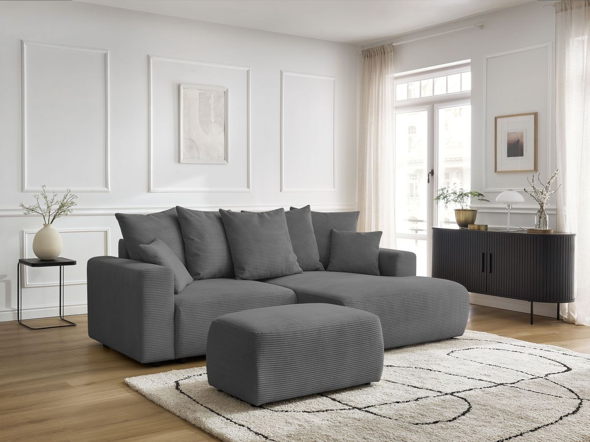 Canapé d'angle convertible coffre ATILLA velours côtelé avec pouf