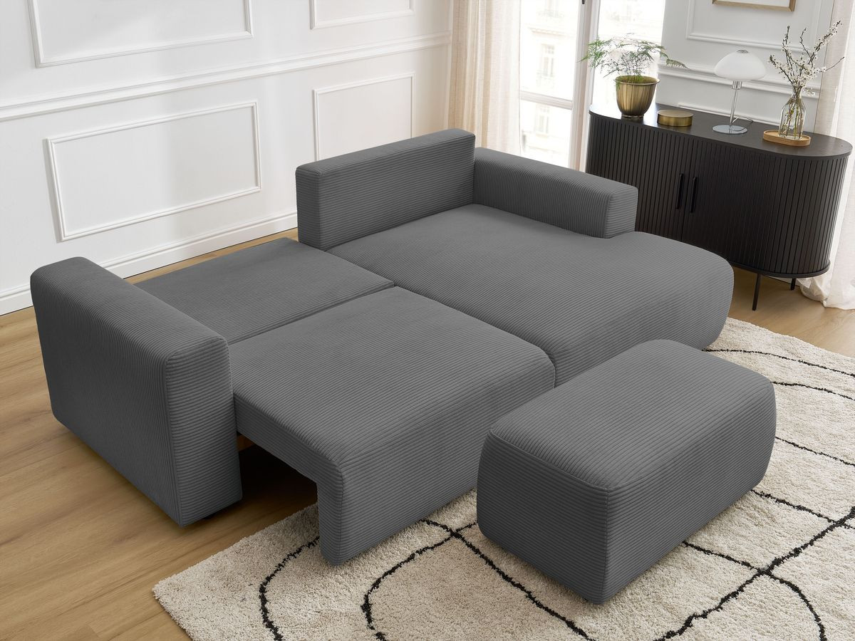Canapé d'angle convertible coffre ATILLA velours côtelé avec pouf