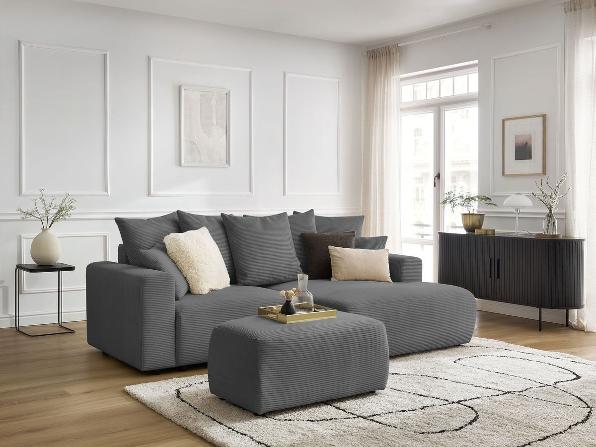 Canapé d'angle convertible coffre ATILLA velours côtelé avec pouf