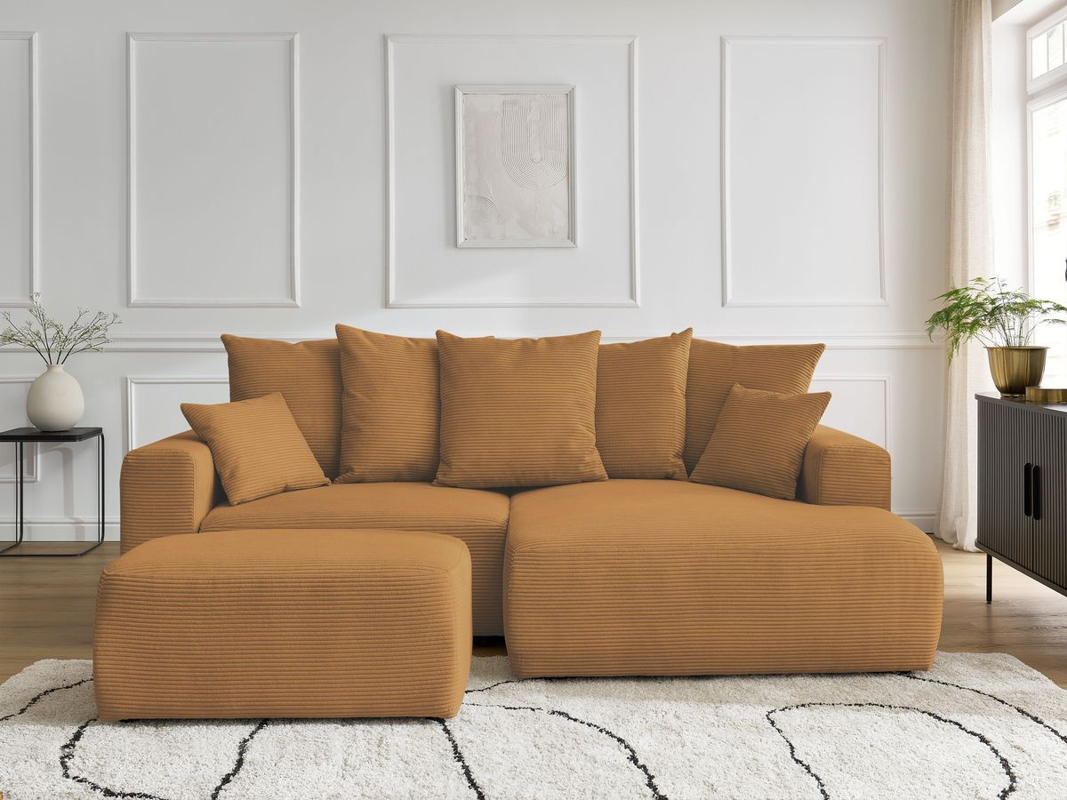 Canapé d'angle convertible coffre ATILLA velours côtelé avec pouf jaune — vue 5