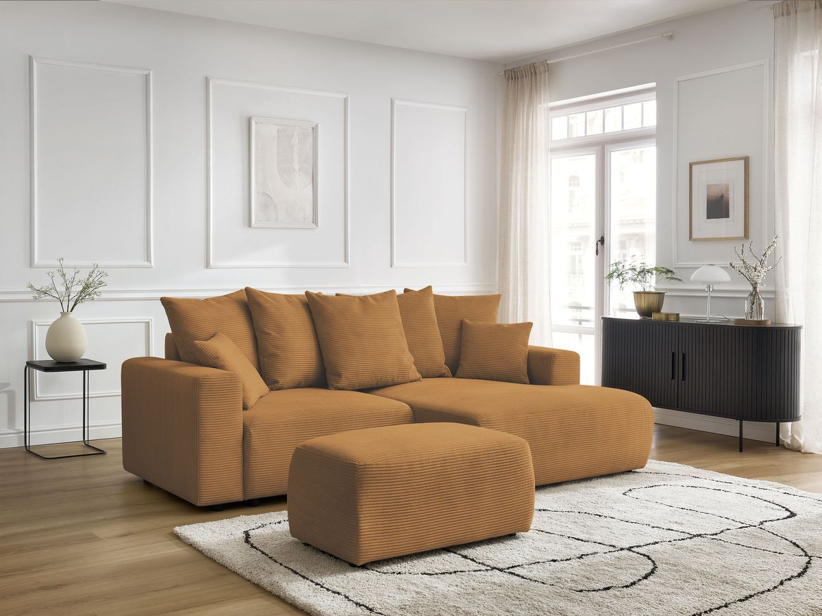 Canapé d'angle convertible coffre ATILLA velours côtelé avec pouf