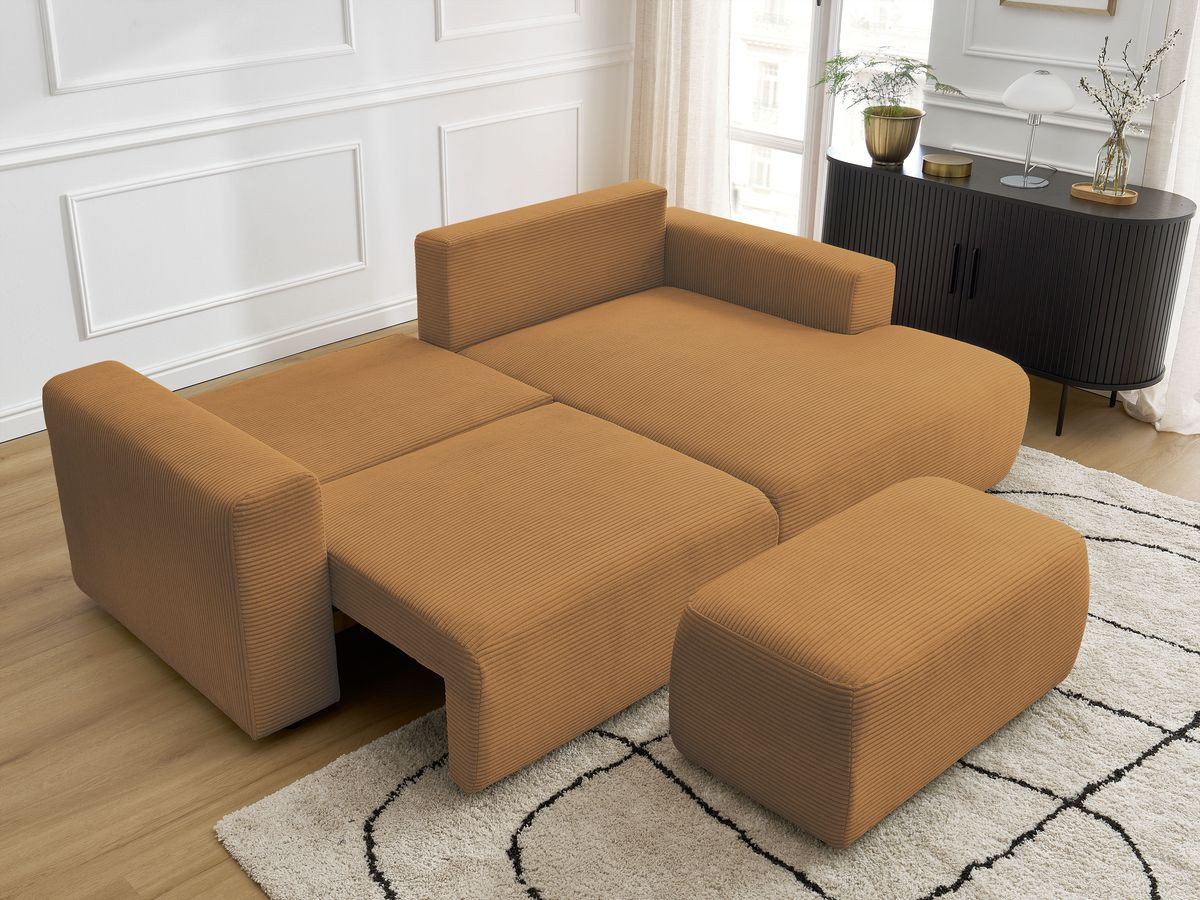Canapé d'angle convertible coffre ATILLA velours côtelé avec pouf