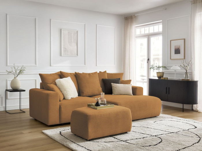 Canapé d'angle convertible coffre ATILLA velours côtelé avec pouf